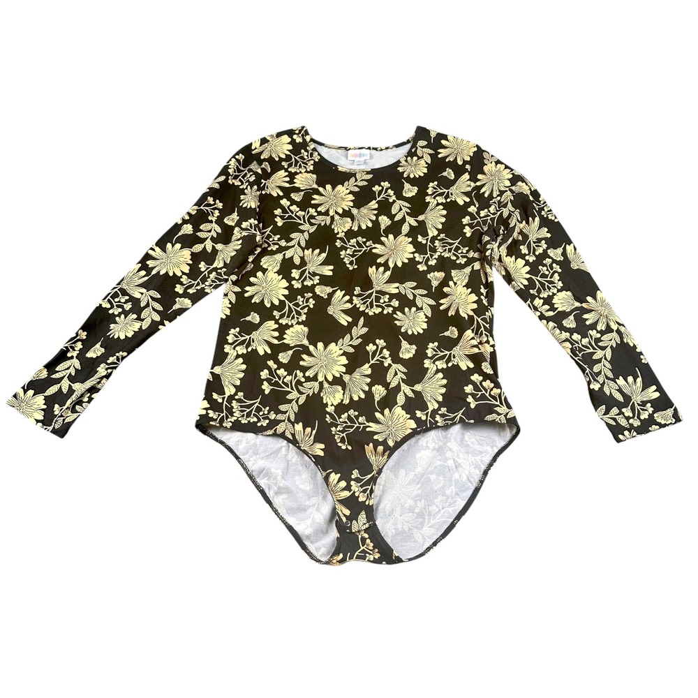 LuLaRoe Womens XL Bodysuit Black Yellow Floral Long Sleeve Crew Neck Snap Bottom